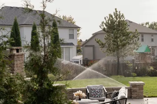 yard with sprinkler system running